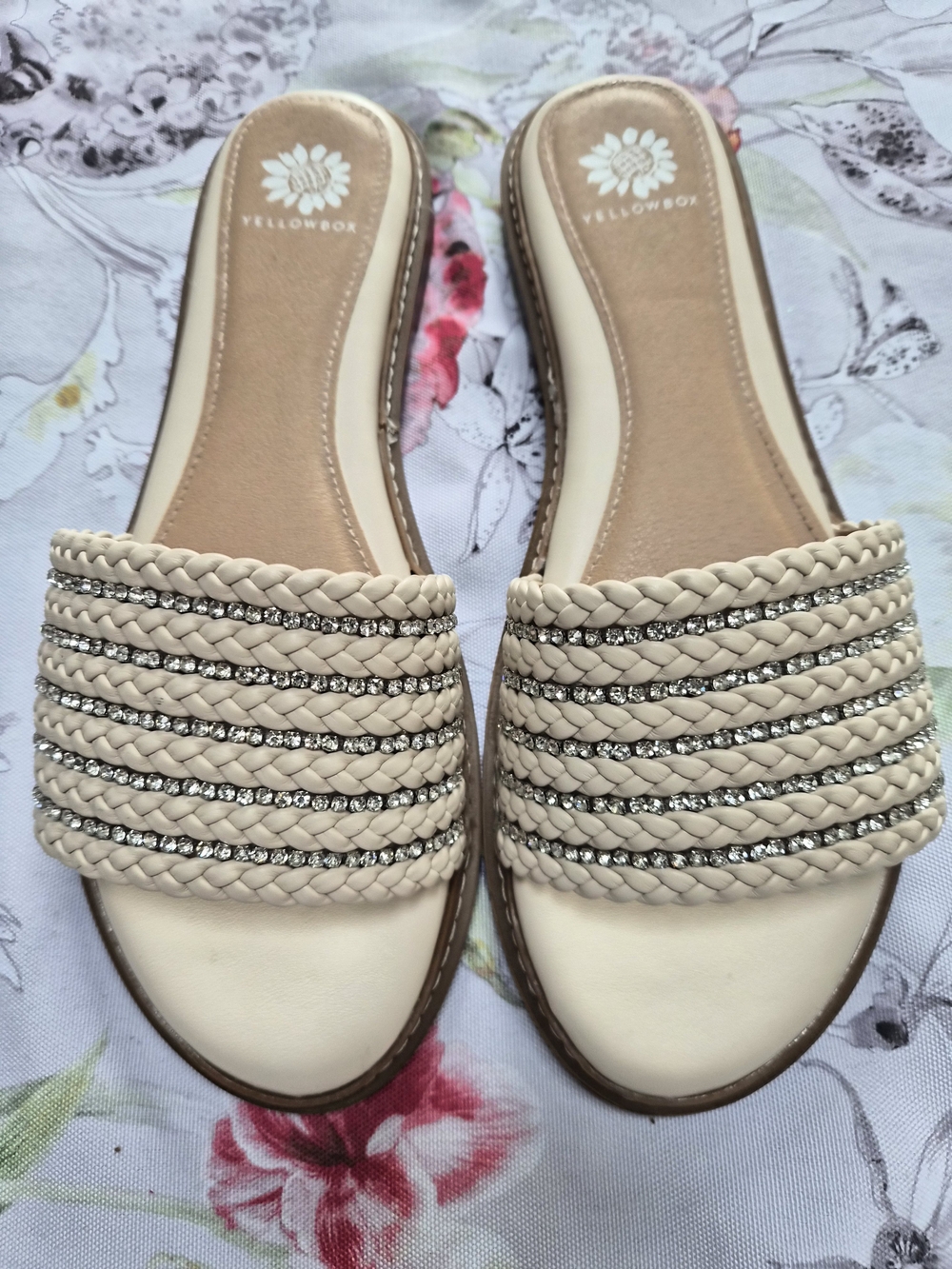 Lasky Yellow Box Women's Beige Braided Slide Sandals with Rhinestones